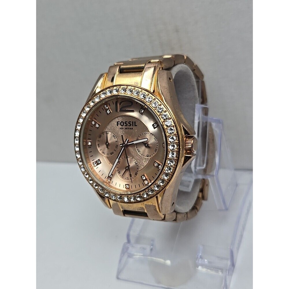 Fossil Riley ES2811 Women Rose Gold Crystal Multifunction Watch New Battery Sz-S - Picture 2 of 11